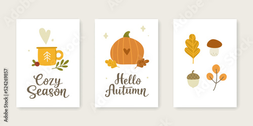 Set of cozy autumnal poster. Collection of fall vector prints for postcards.