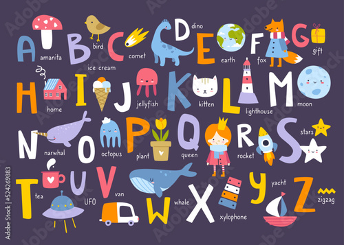 Cute english alphabet for kids with naive doodle pictures. Abc learning cartoon poster for babies.