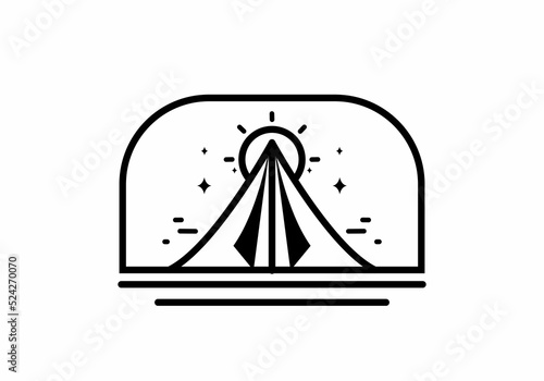 Black and white monoline art of triangle tent and big sun