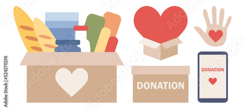 Donation icon set. Donation box with clothes and food. Charity and financial support. Volunteers concept. Vector flat illustration 