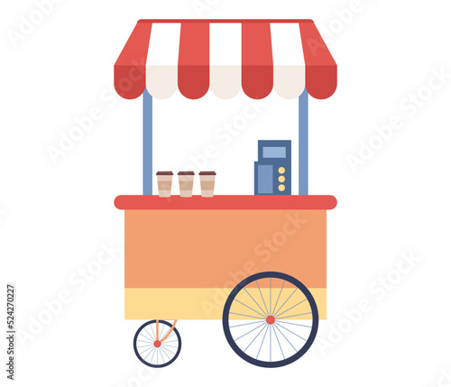 Street coffee cart with espresso machine and disposable cups. Fast food trolley concept. Vector flat illustration