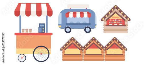 Street fair kiosks set. Fast food truck concept. Festival market stall. Street selling coffee, Ice cream, hot dog, cotton candy, popcorn, lemonade. Vector flat illustration © Marta Sher