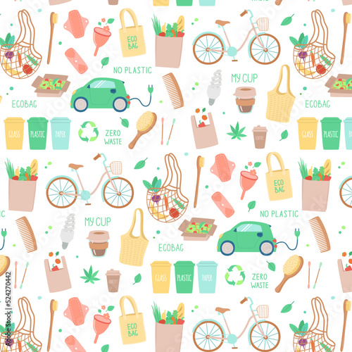 Vector background concept of ecology, zero waste, natural hygiene products, eco materials, less plastic.