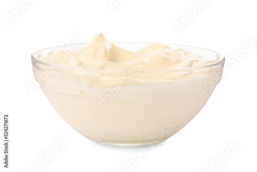 Tasty mayonnaise in glass bowl isolated on white