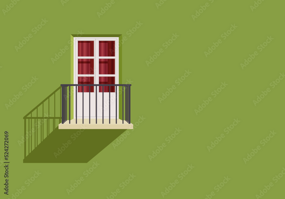 Fond de mur avec une porte fenêtre et un balcon sur la façade d’une maison peinte en vert. Fond de mur avec une porte fenêtre et un balcon sur la façade d’une maison peinte en vert.