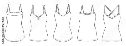 flat sketch set of womens spaghetti strap skinny tops vector illustration template. cad mockup.