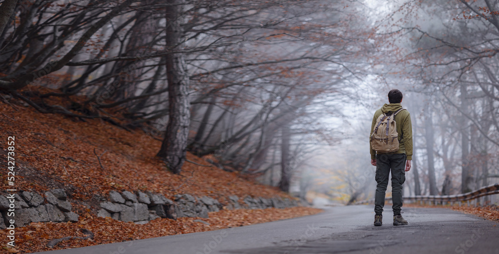 Young handsome man posing in autumn forest on road. young hipster guy with backpack , traveller standing in woods, Hiking, Forest, Journey, active healthy lifestyle, adventure, vacation concept. Young handsome man posing in autumn forest on road. young hipster guy with backpack , traveller standing in woods, Hiking, Forest, Journey, active healthy lifestyle, adventure, vacation concept.