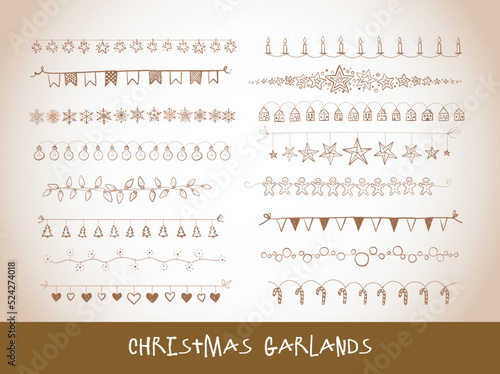 Collection of doodle christmas doodles of christmas garlands on vintage background. Hand-drawn vector illustration with holiday decor in vintage style.