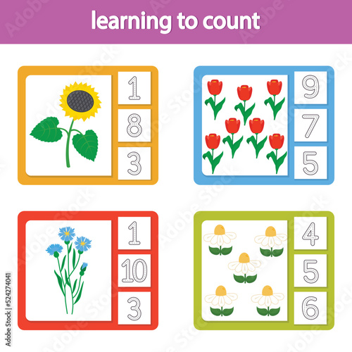 Cards for learning to count from 1 to 10. Flowers. A game for the development of intelligence and logic for preschool children. Vetor illustration. Printable sheet