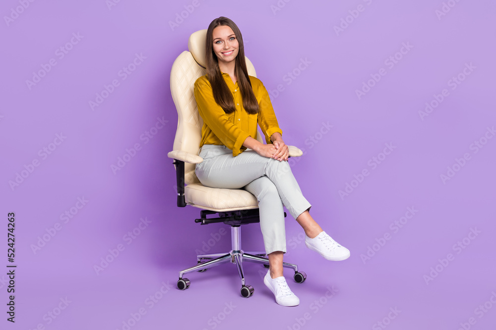 Full body photo of manager sit wear blouse trousers boots isolated on purple color background Full body photo of manager sit wear blouse trousers boots isolated on purple color background