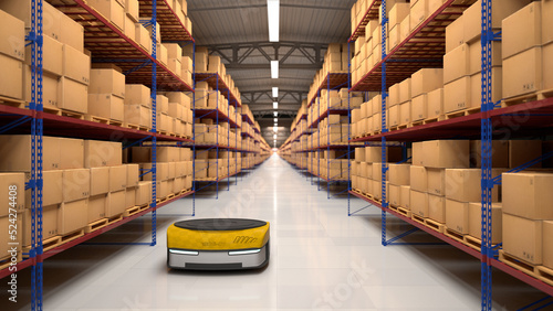 Autonomous robots moving shelves with cardboard boxes in automated warehouse. Seamless looping. Automated warehouse of the future concept. Realistic high quality 3d rendering animation.