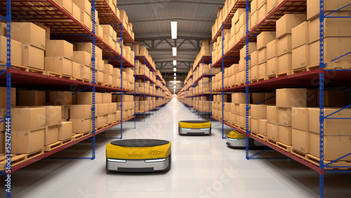 Autonomous robots moving shelves with cardboard boxes in automated warehouse. Seamless looping. Automated warehouse of the future concept. Realistic high quality 3d rendering animation. photo