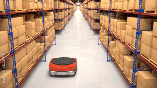 Autonomous robots moving shelves with cardboard boxes in automated warehouse. Seamless looping. Automated warehouse of the future concept. Realistic high quality 3d rendering animation.