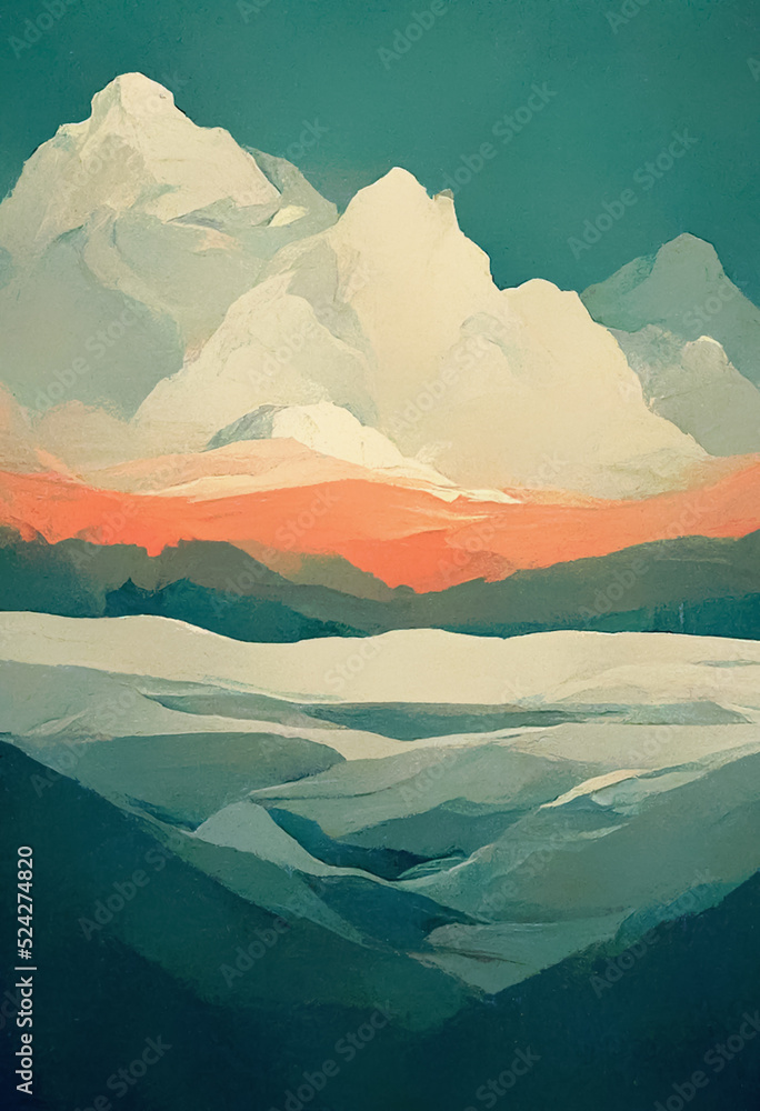 Handpainted Abstract Mountain and Lake Painting with Paper Structure