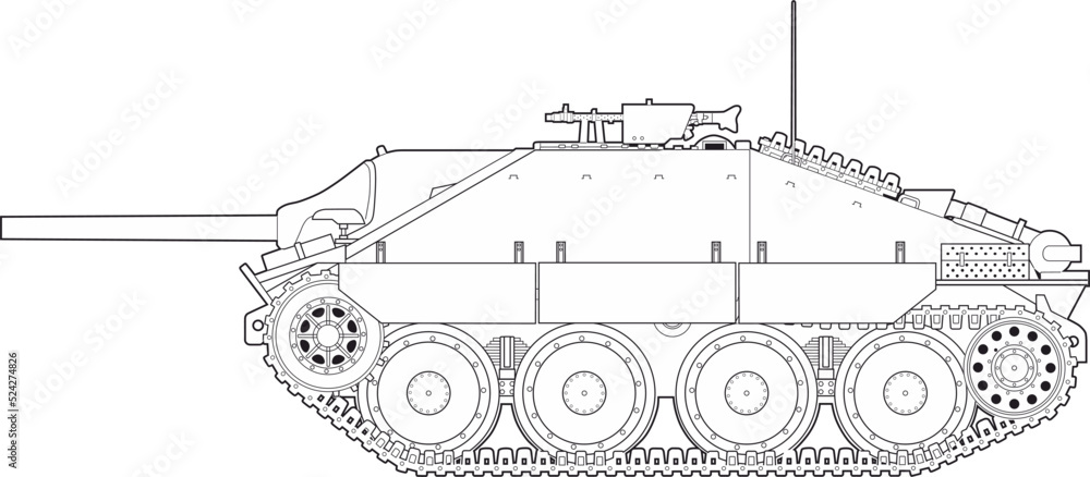 Hetzer is a German tank destroyer of the Second World War. Side view, color white Hetzer is a German tank destroyer of the Second World War. Side view, color white