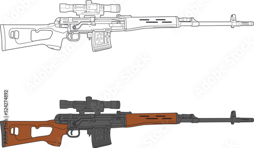 Dragunov Sniper rifle (SVD) side view two options - black and white, color photo
