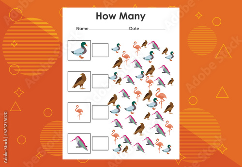 How many bird tasks? Educational children's game worksheet