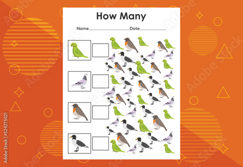 How many bird tasks? Educational children's game worksheet