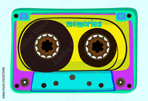 Vector bright illustration of audiocassette isolated on light blue background. Memories.