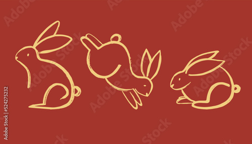 Chinese rabbit set. Golden traditional New Year zodiac animal, clouds and flowers, gold bunny silhouette on red background, 2023 Horoscope, decor elements. Asian lunar calendar, vector illustration