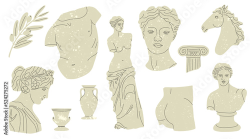 Antique marble statue. Greek or roman sculptures, gods and goddesses. Hand drawn body parts and faces with texture, Classic statues, man woman column and vase, vector cartoon flat set photo