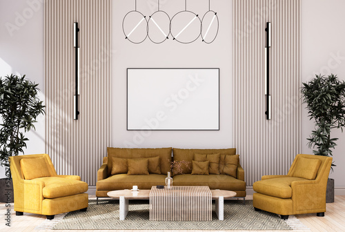 mock up poster frame in modern interior fully furnished rooms background, living room,