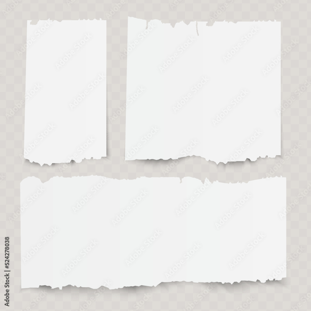 Set of vintage torn different white papers on transparent background.