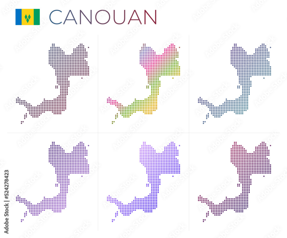 Canouan dotted map set. Map of Canouan in dotted style. Borders of the island filled with beautiful smooth gradient circles. Attractive vector illustration.