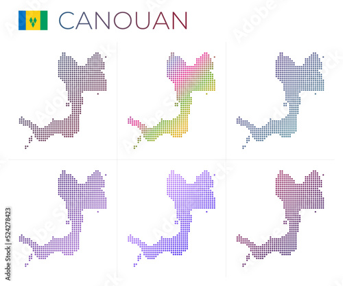 Canouan dotted map set. Map of Canouan in dotted style. Borders of the island filled with beautiful smooth gradient circles. Attractive vector illustration.
