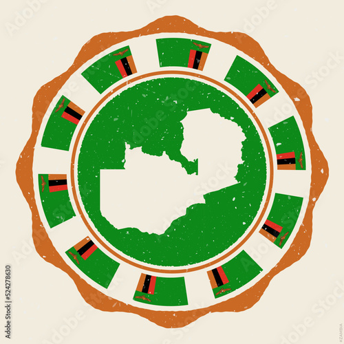 Zambia vintage sign. Grunge round logo with map and flags of Zambia. Cool vector illustration.