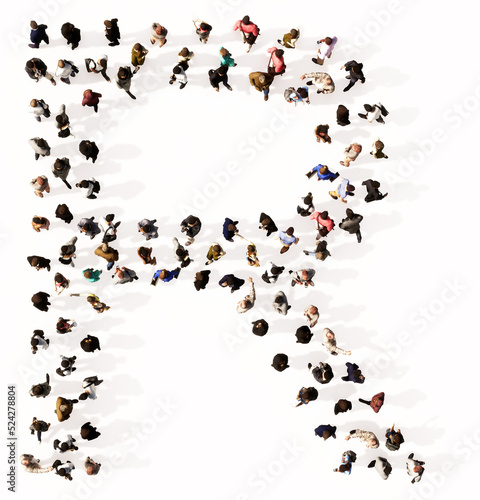 Concept or conceptual large community of people forming the font R. 3d illustration metaphor for unity and diversity, humanitarian, teamwork, cooperation, education, friendship and community