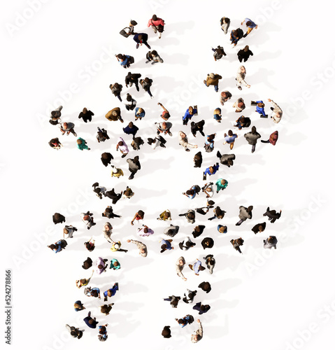 Concept or conceptual large community of people forming the #  font. 3d illustration metaphor for unity and diversity, humanitarian, teamwork, cooperation, education, friendship and community
