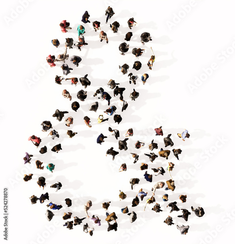 Concept or conceptual large community of people forming the & font. 3d illustration metaphor for unity and diversity, humanitarian, teamwork, cooperation, education, friendship and community