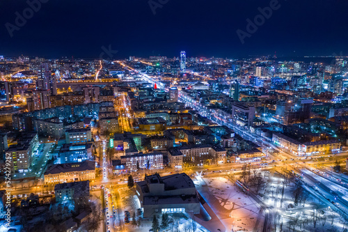 Top view of a historic building with night illumination in the center of Yekaterinburg. Russia © ArtEvent ET