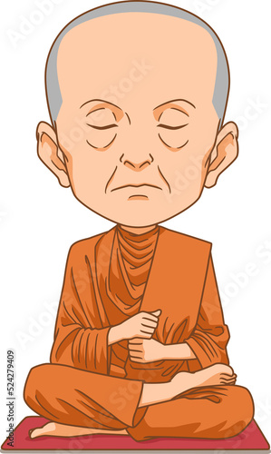 Fototapeta Naklejka Na Ścianę i Meble -  Cartoon character of Buddhist monk sitting meditation.	