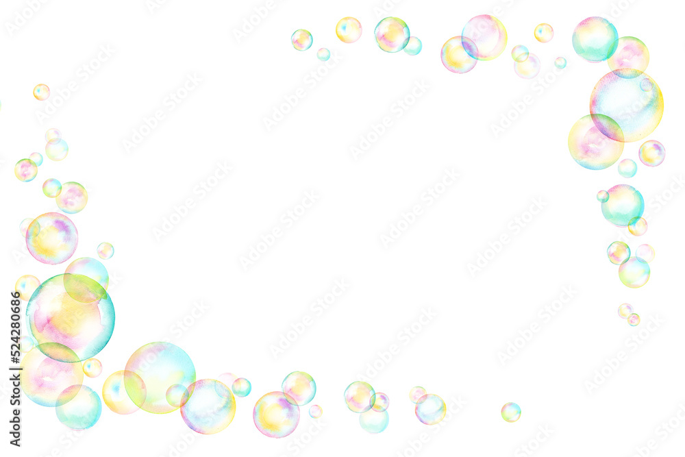 虹色に光るシャボン玉の２角ラインフレーム、水彩イラスト（透過背景）