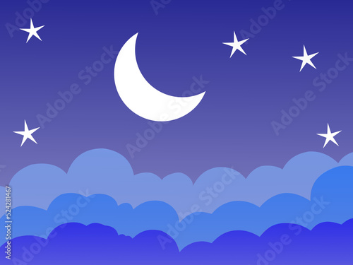 Paper clouds  stars and the moon. Dark blue sky background. Vector illustration.