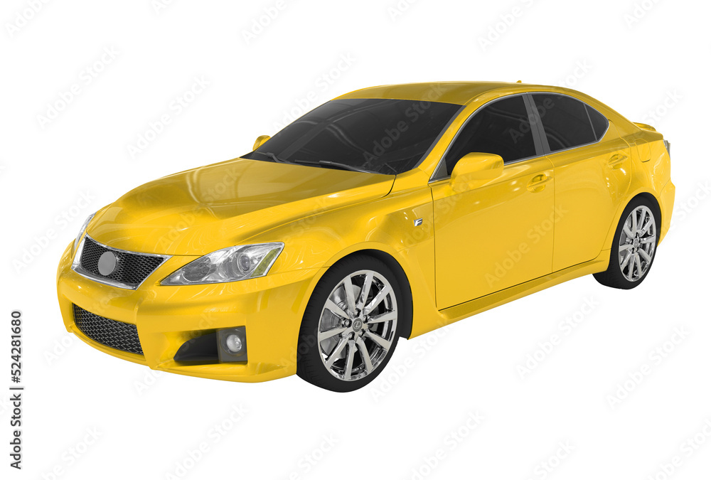 car isolated on white - yellow paint, tinted glass - front-left side view - 3d rendering