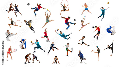 Fototapeta Naklejka Na Ścianę i Meble -  Collage of sportive people, adults and children doing different sports, posing isolated over white background.