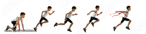 Side view portrait of little boy in motion, running isolated over white studio background. Collage. Developing of movements