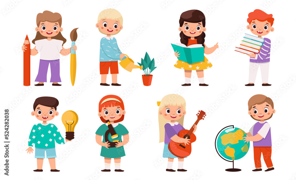 Schoolchildren. Characters boys and girls stand with different school elements. Vector graphic. Schoolchildren. Characters boys and girls stand with different school elements. Vector graphic.