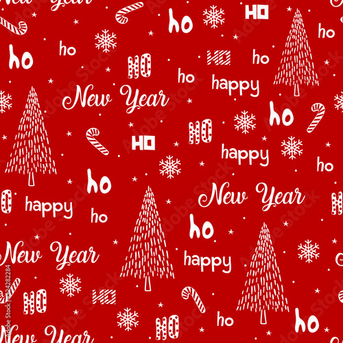 Hohoho seamless patterns, Santa Claus is laughing. Seamless texture for christmas design. Vector white, background red handwritten words ho, christmas tree and snowflakes.