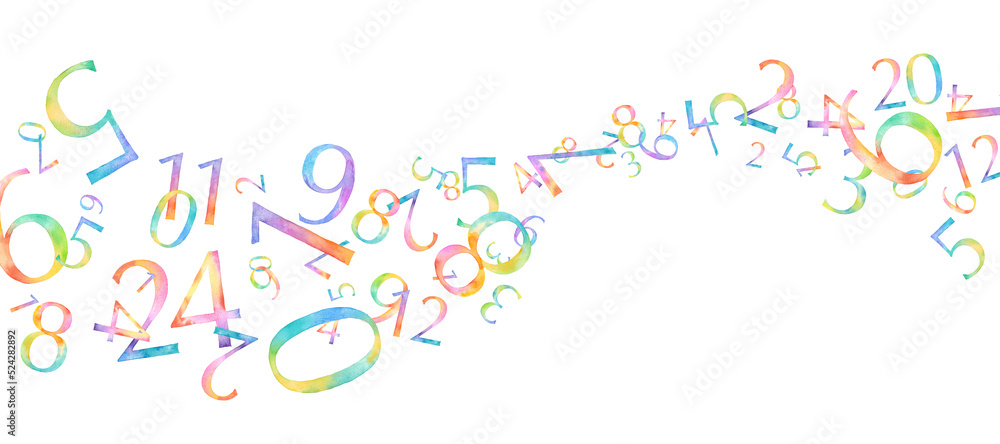レインボーカラーの数字の水彩イラスト。時間、数字の流れのイメージ。(透過背景) レインボーカラーの数字の水彩イラスト。時間、数字の流れのイメージ。(透過背景)