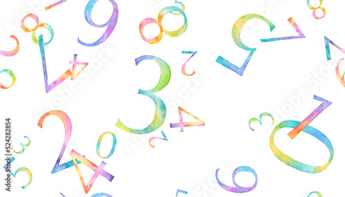 レインボカラー数字の水彩イラスト。ランダムに配置した数字のシームレスパターン。背景。（透過背景）