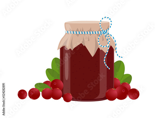 Cranberry jam or confiture jar in rustic style, homemade fruit berry preserve, vector illustration on white background