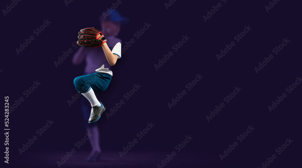 Flyer. Blurring effect portrait of sportive kid, beginner baseball player in sports uniform playing baseball. Concept of sport, achievements, competition