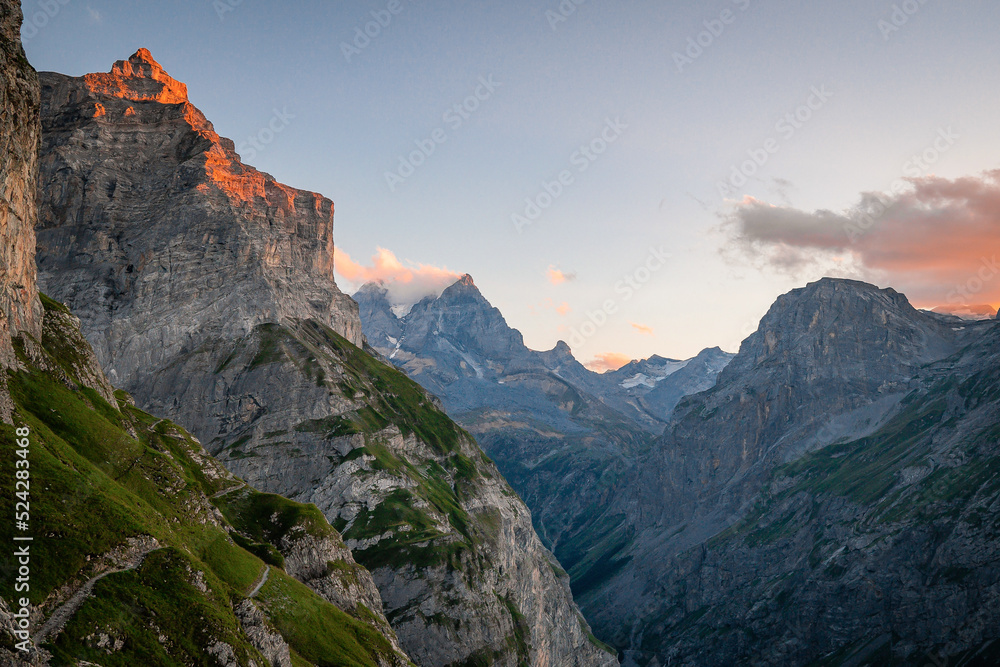 Panorama Kistenstockli above the Limmerensee in Switzerland. Wanderlust. Fantastic view of the Glarus mountains. Hiking