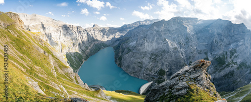 Panorama Kistenstockli above the Limmerensee in Switzerland. Wanderlust. Fantastic view of the Glarus mountains. Hiking photo