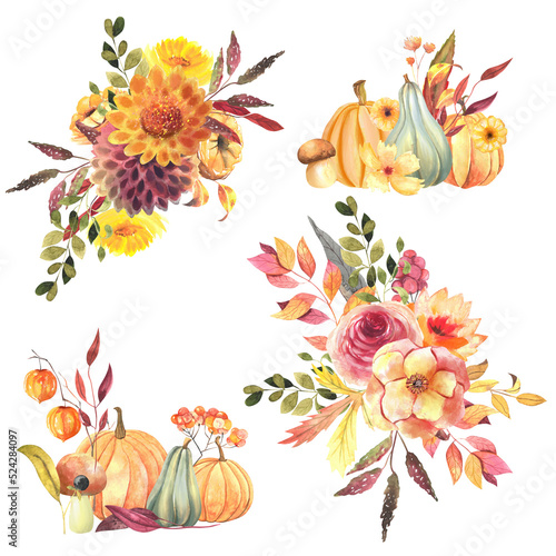 Set of watercolor fall floral compositions, autumn floral clipart, isolated illustration on white background