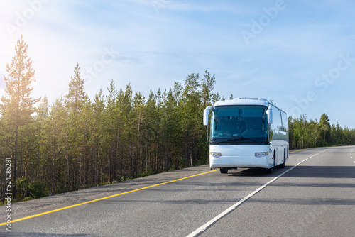 White buses traveling on asphalt highway background forest with sun light